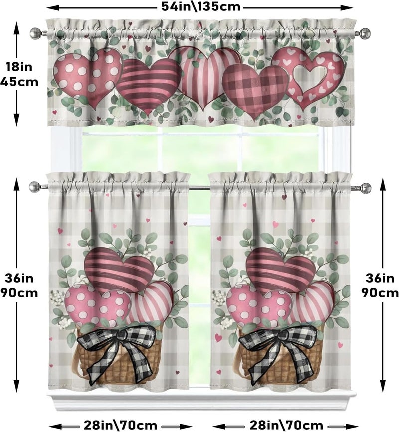 Xsinufn Valentines Day Kitchen Curtains Valances and Tiers 3 Piece Set,Eucalyptus Buffalo Plaid Love Hearts Farmhouse Rod Pocket Kitchen Cafe Curtain Over Sink Window for Autumn Decor 36 Inch (Pink) - Image 5
